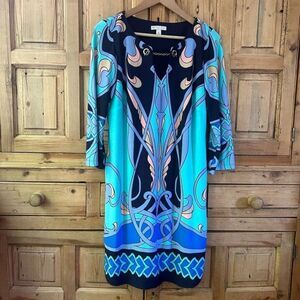 DB Established 1962 Women's Size Medium Art Deco Printed‎ Dress Blue Pink Office